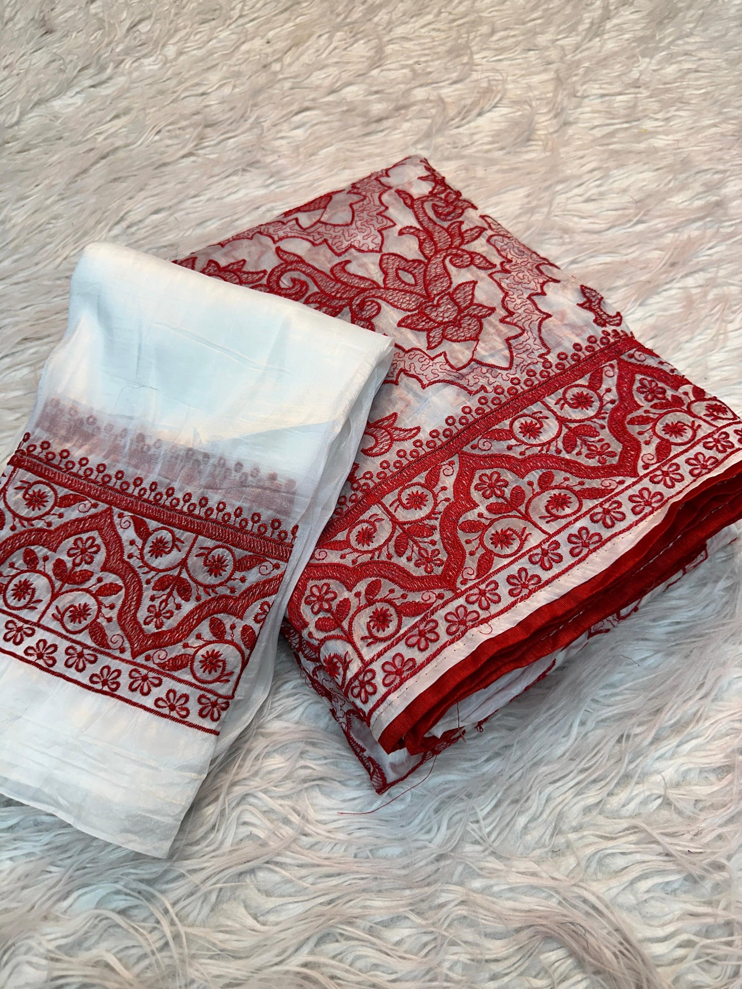 White Red Crush Silk Embroidery Saree