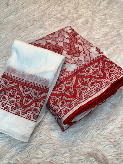 White Red Crush Silk Embroidery Saree