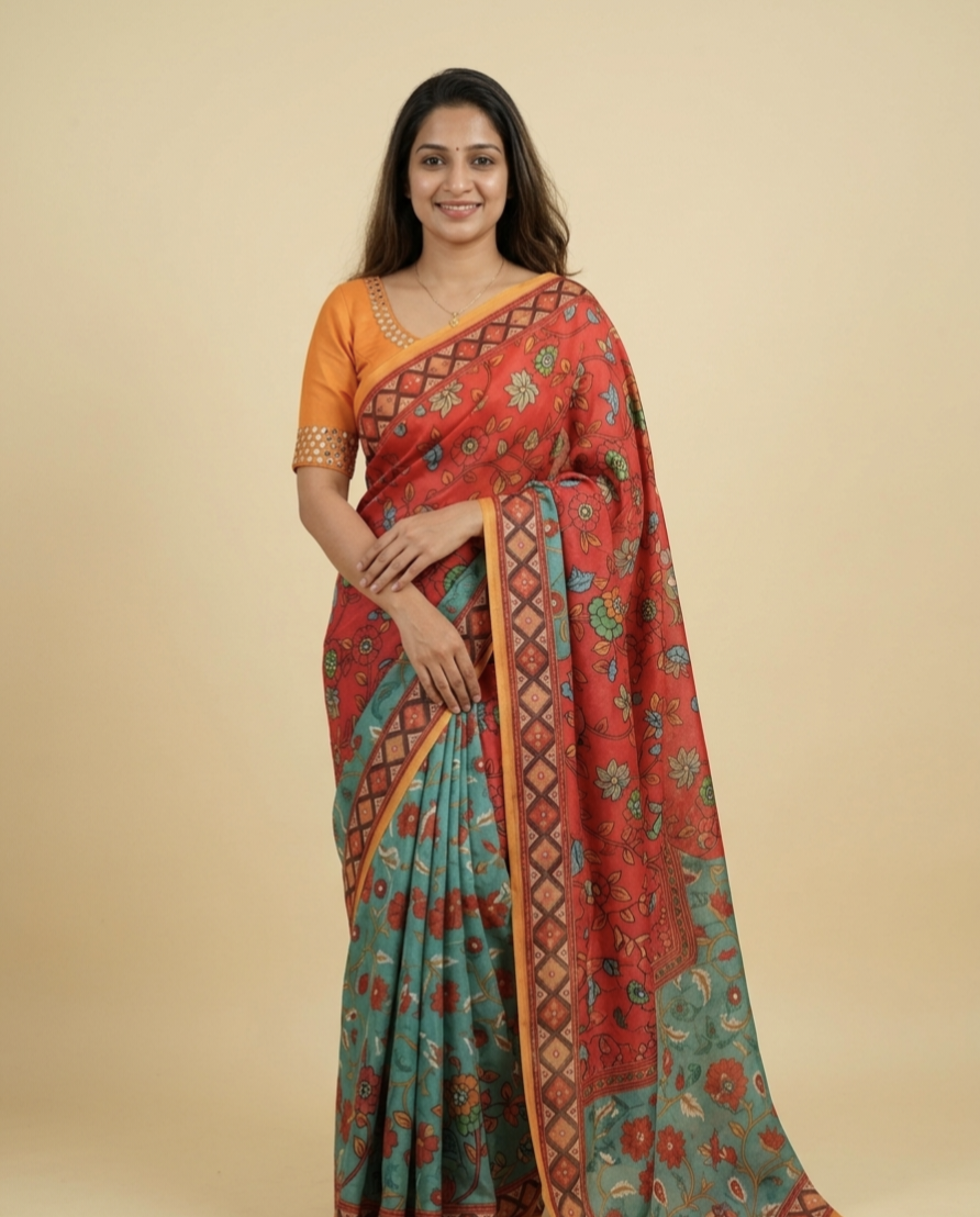 Designer Chinon Digital Print Mirror Work Saree Collection