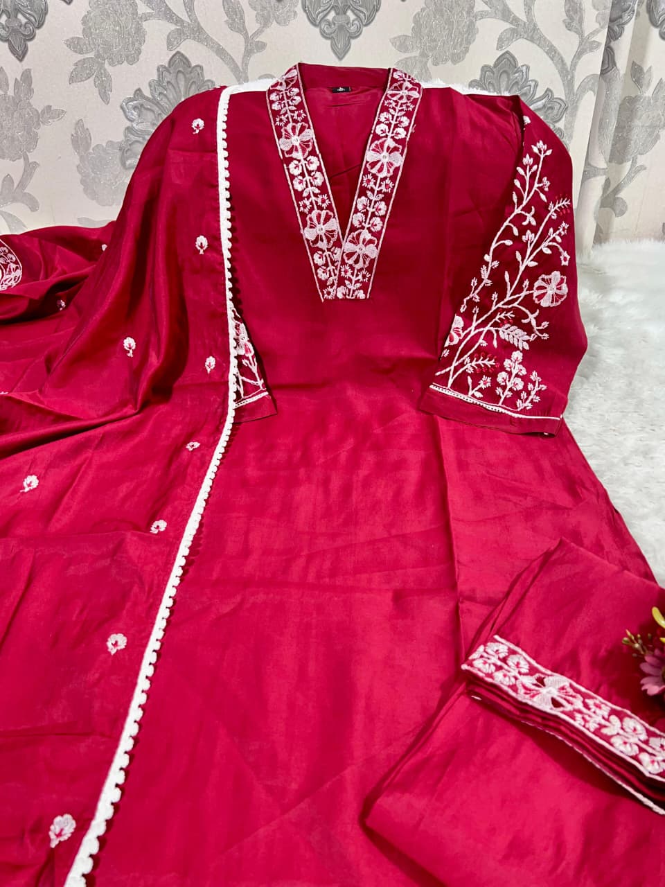 Premium Roman Silk Embroidered Kurti Pant Dupatta Set | Elegant Party Wear Kurti Set