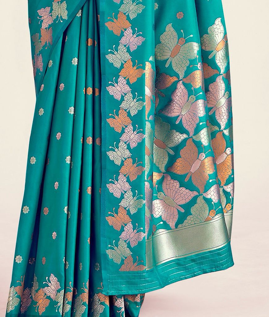 Teal Green Butterfly Printed Silk Look Saree