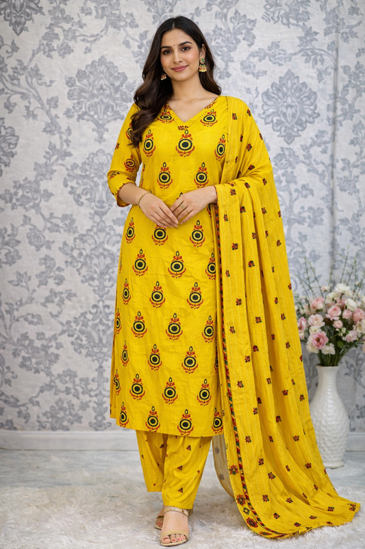 Pure Heavy Cotton Embroidered Kurti Pant Dupatta Set