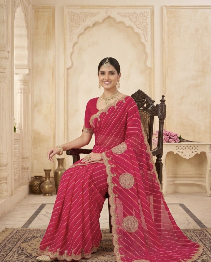 Traditional Leheriya Georgette Saree with Heavy Foil Gota Work & Cutwork Border