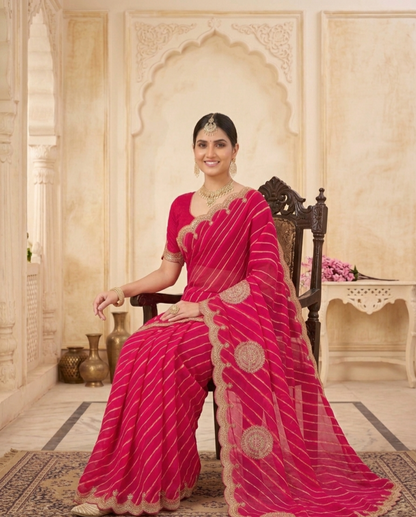 Traditional Leheriya Georgette Saree with Heavy Foil Gota Work & Cutwork Border