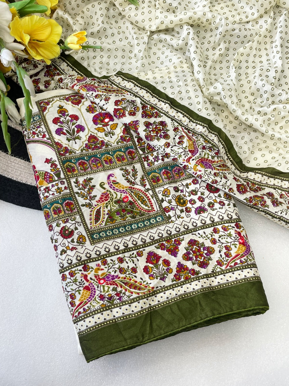 Premium Pure Moss Chiffon Saree with Peacock Floral Print & Mirror Work