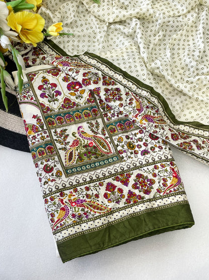 Premium Pure Moss Chiffon Saree with Peacock Floral Print & Mirror Work