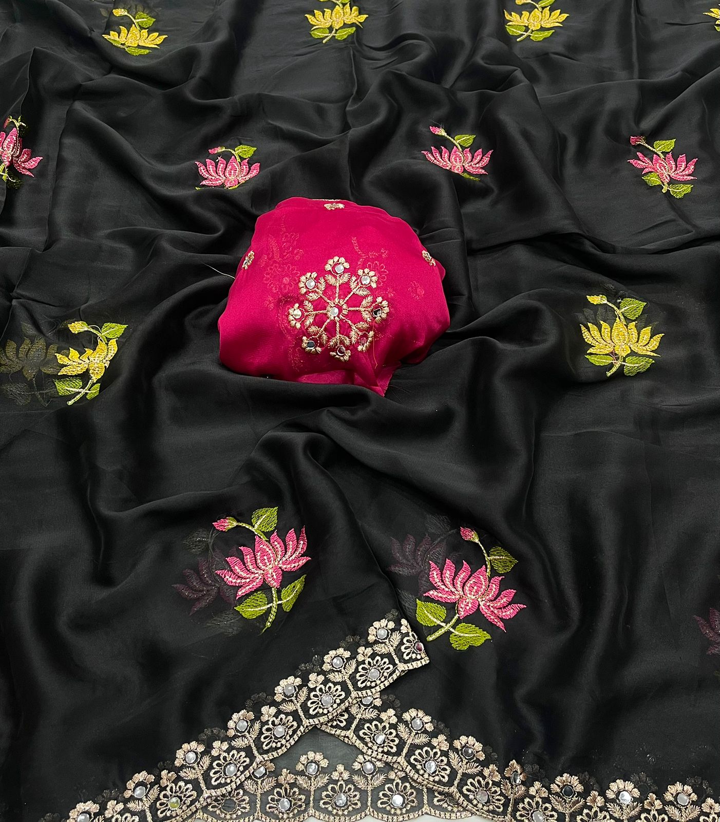 Designer Rangoli Silk Saree With Embroidery Work & Real Mirror Cutwork Border