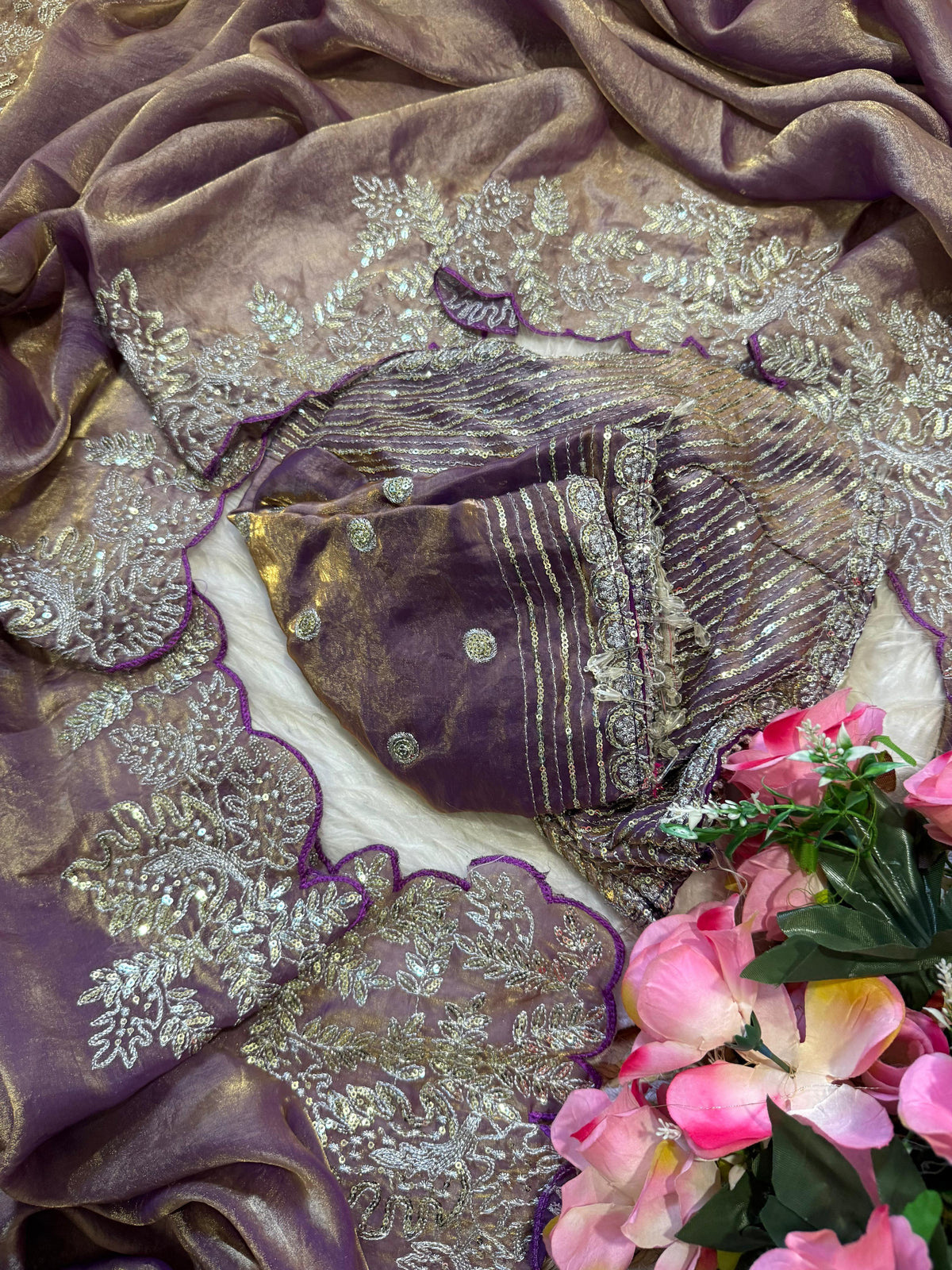 Soft Space Silk Satin Saree With Heavy Embroidery Sequence & Zari Work
