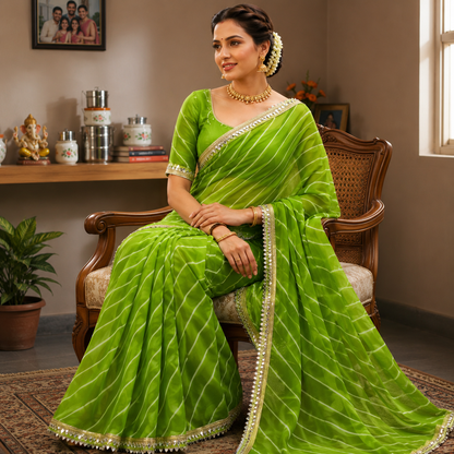 Georgette Leheriya Saree with Mirror Lace Border & Unstitched Blouse | Designer Party Wear Saree