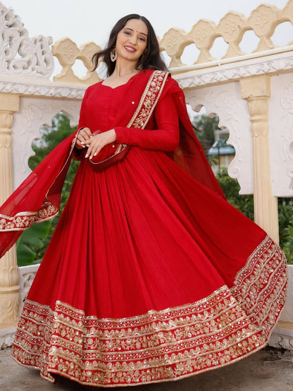 Red Fox Georgette Embroidered Anarkali Gown with Dupatta (Fully Stitched)