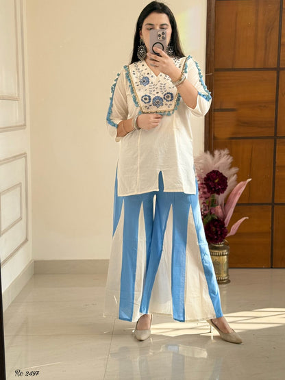 Cotton Natural Flax Mirror Work Cord-Set for Women – Embroidered Designer Top with Palazzo Pant (Cream Brown & Cream Blue)