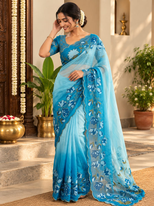 Designer Soft Georgette Silk Saree with Digital Floral Print & Katdana Handwork