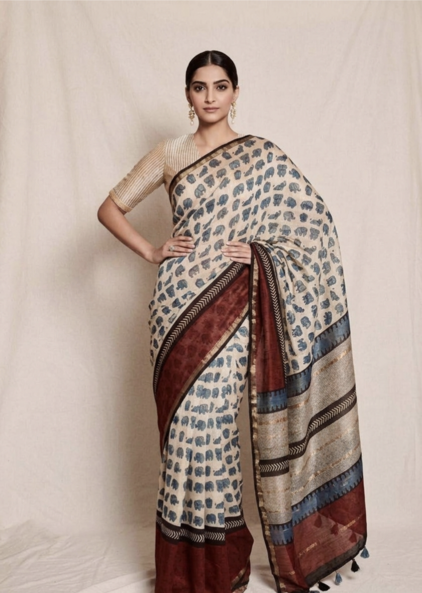 Pure Linen Chanderi Saree with Kalamkari Print & Zari Border