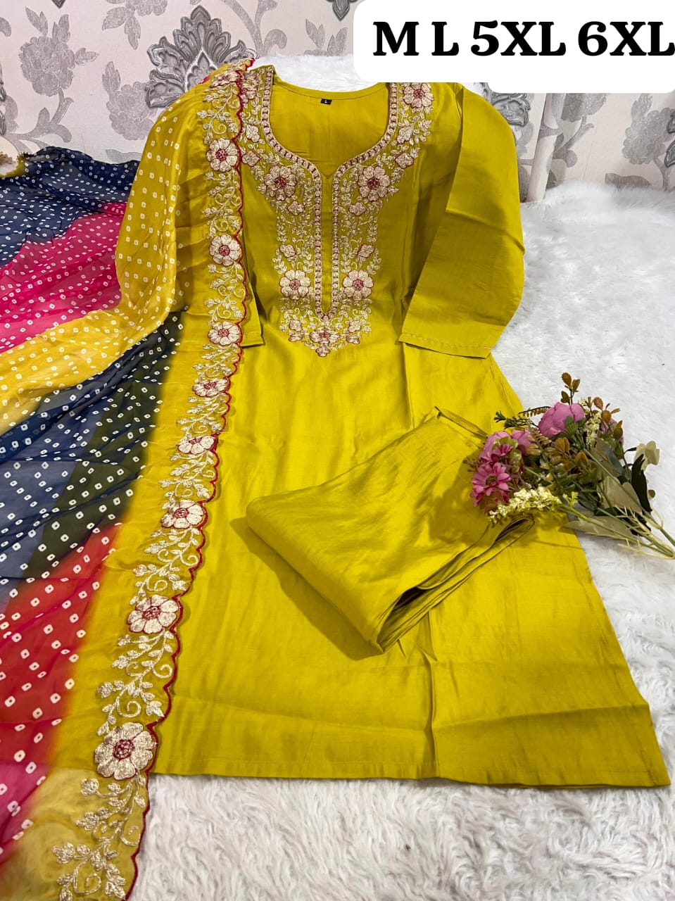 Designer Roman Silk Kurti Pant Set with Gota Patti Embroidery & Lehariya Dupatta