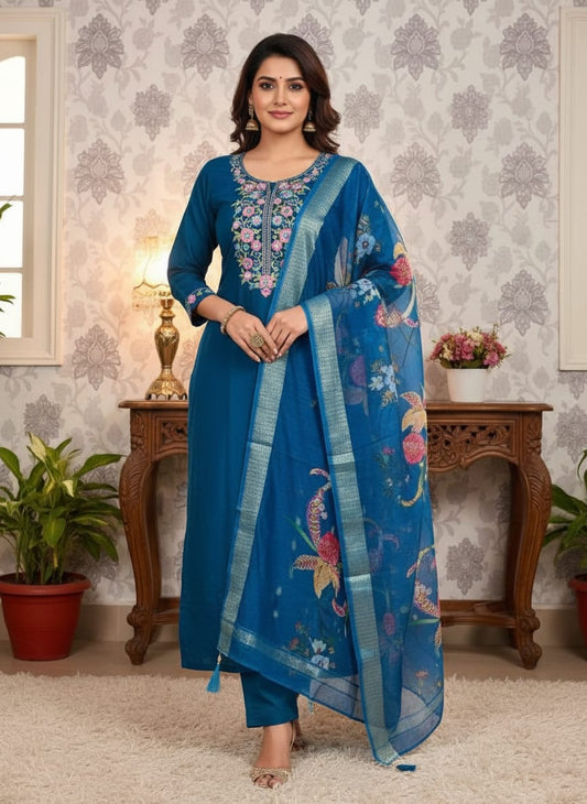 Premium Roman Silk Embroidered Kurti Pant Dupatta Set – Festive Collection