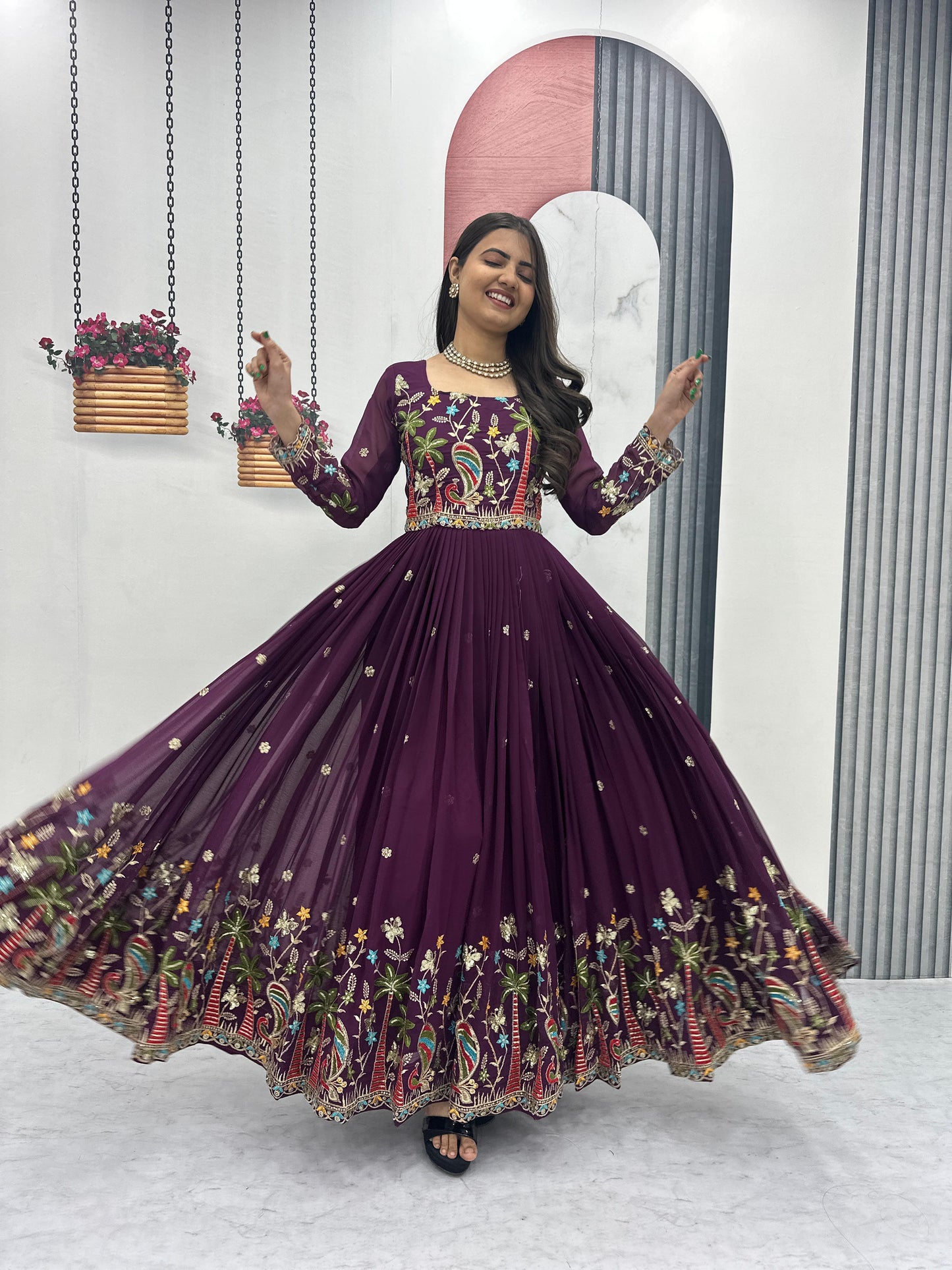 Embroidered Georgette Festive Gown with Dupatta