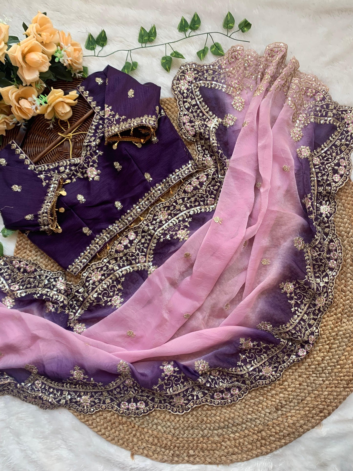 Shipra Embroidered Moss Saree with Sequins Border & Designer Stitched Blouse