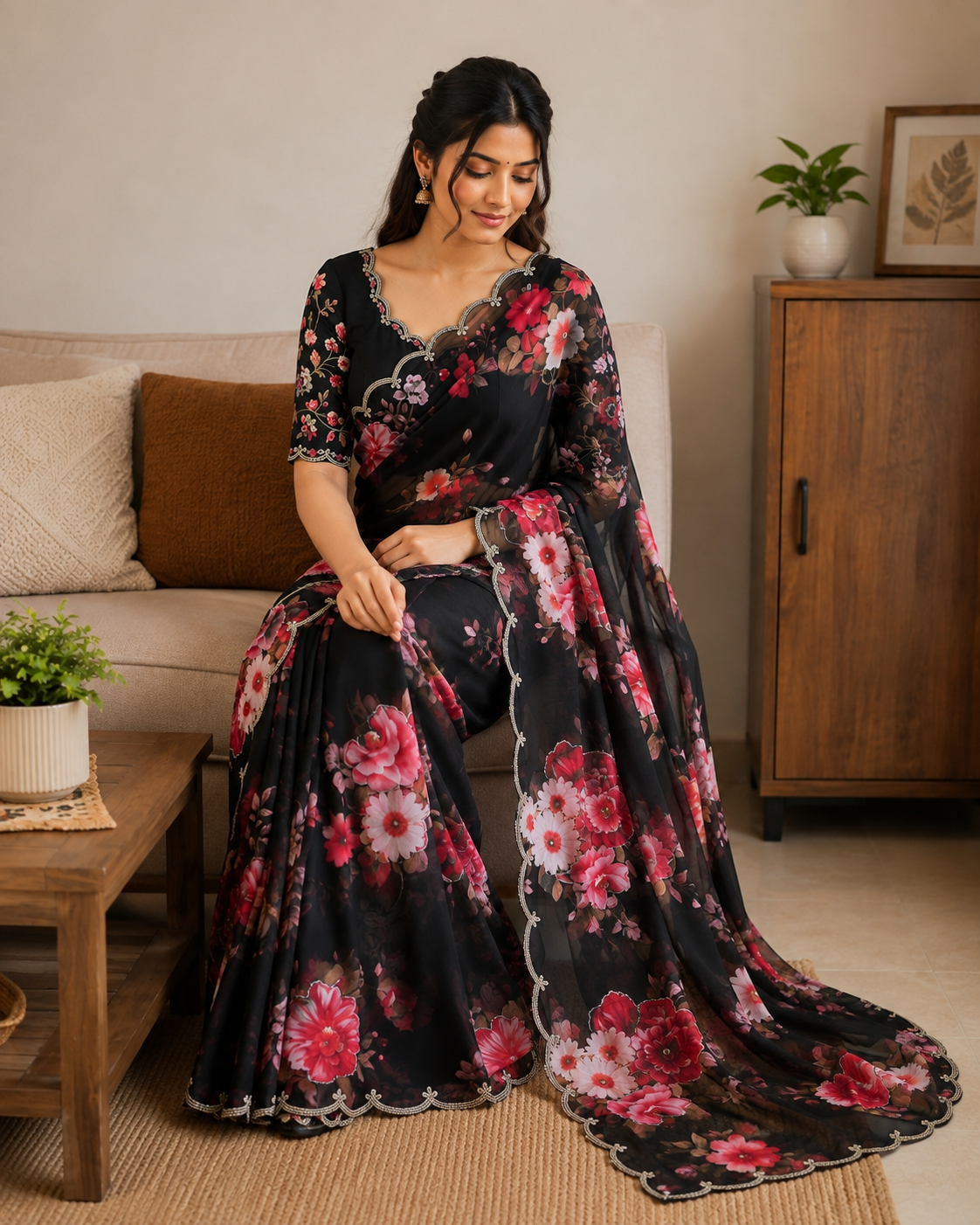 Guldasta Pure Georgette Silk Saree with Digital Floral Print & Cutdana Work