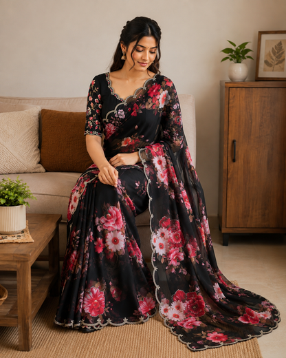 Guldasta Pure Georgette Silk Saree with Digital Floral Print & Cutdana Work