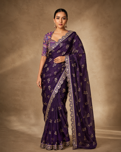 Premium Fendy Satin Saree with Coding Sequence Work