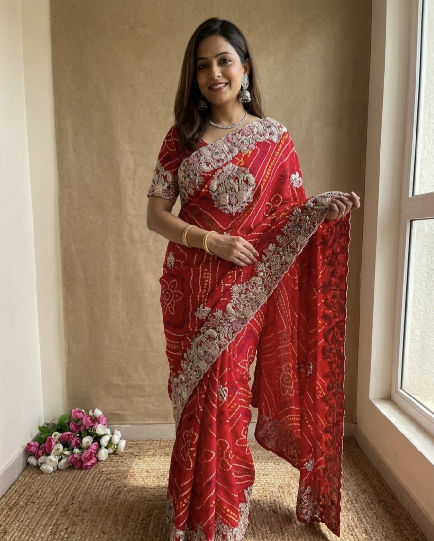 Bandhej Gota Patti Work Saree in Soft Georgette with Heavy Embroidery Border