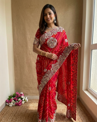Bandhej Gota Patti Work Saree in Soft Georgette with Heavy Embroidery Border