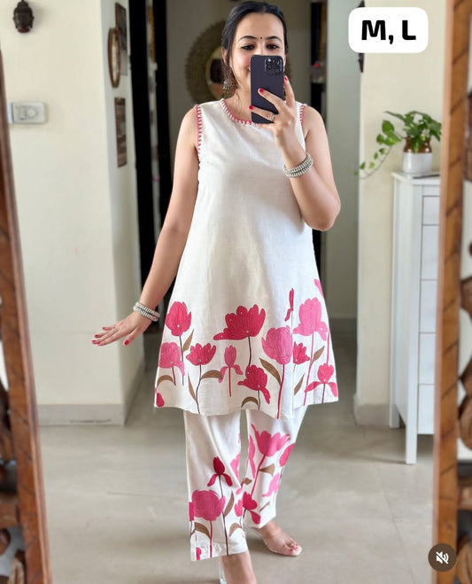 Best Seller White Floral Kurti Pant Set | Sizes M & L