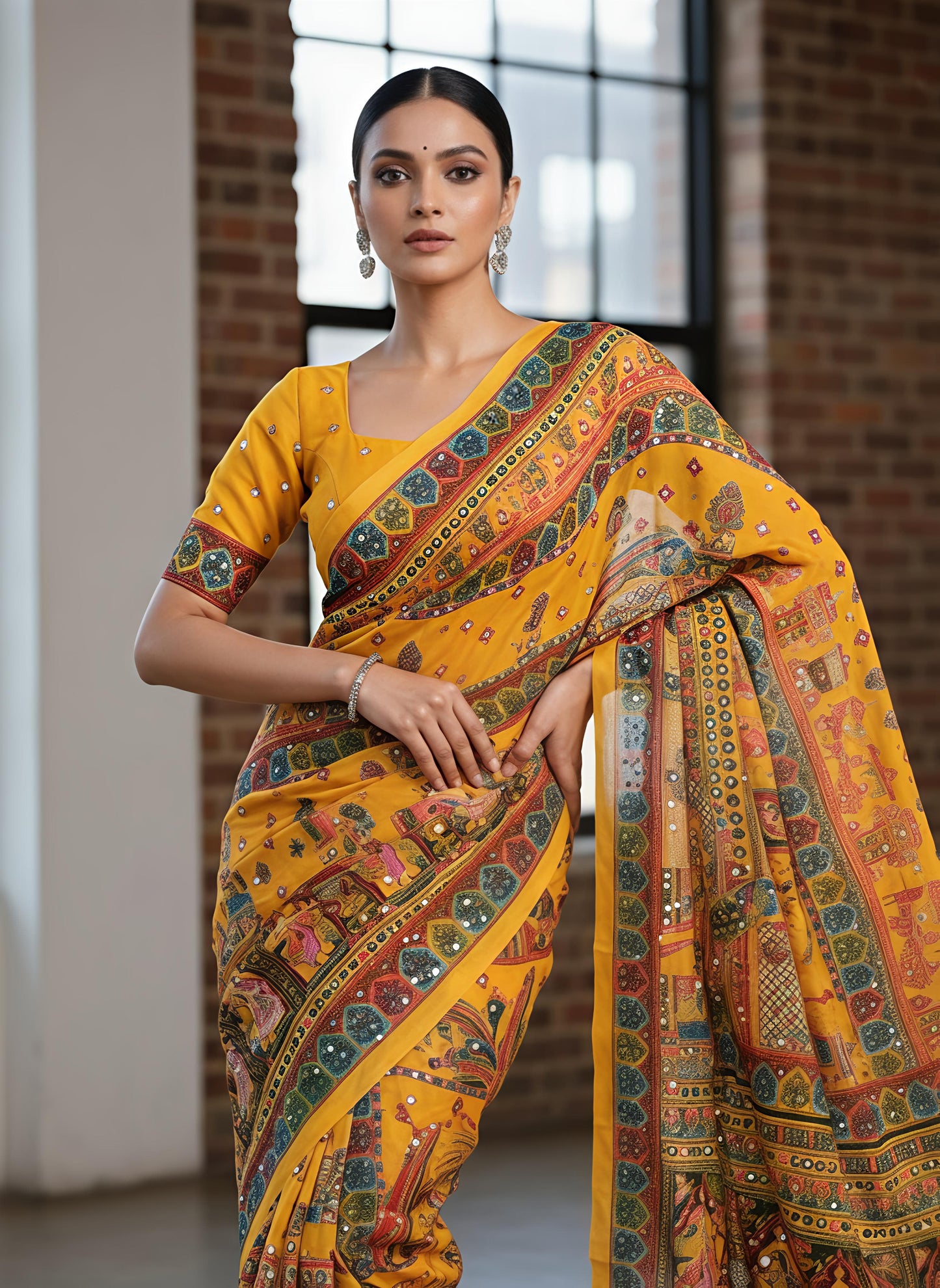 Heavy Masakali Georgette Digital Print Saree with 3000+ Mirror Work