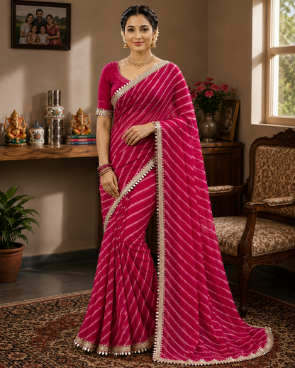 Georgette Leheriya Saree with Mirror Lace Border & Unstitched Blouse | Designer Party Wear Saree