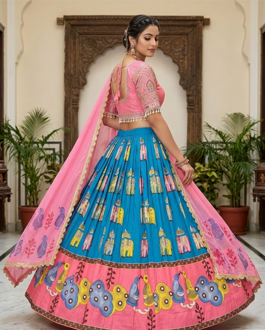 Festival Special Kalamkari Printed Lehenga Choli with Embroidery Blouse & Dupatta