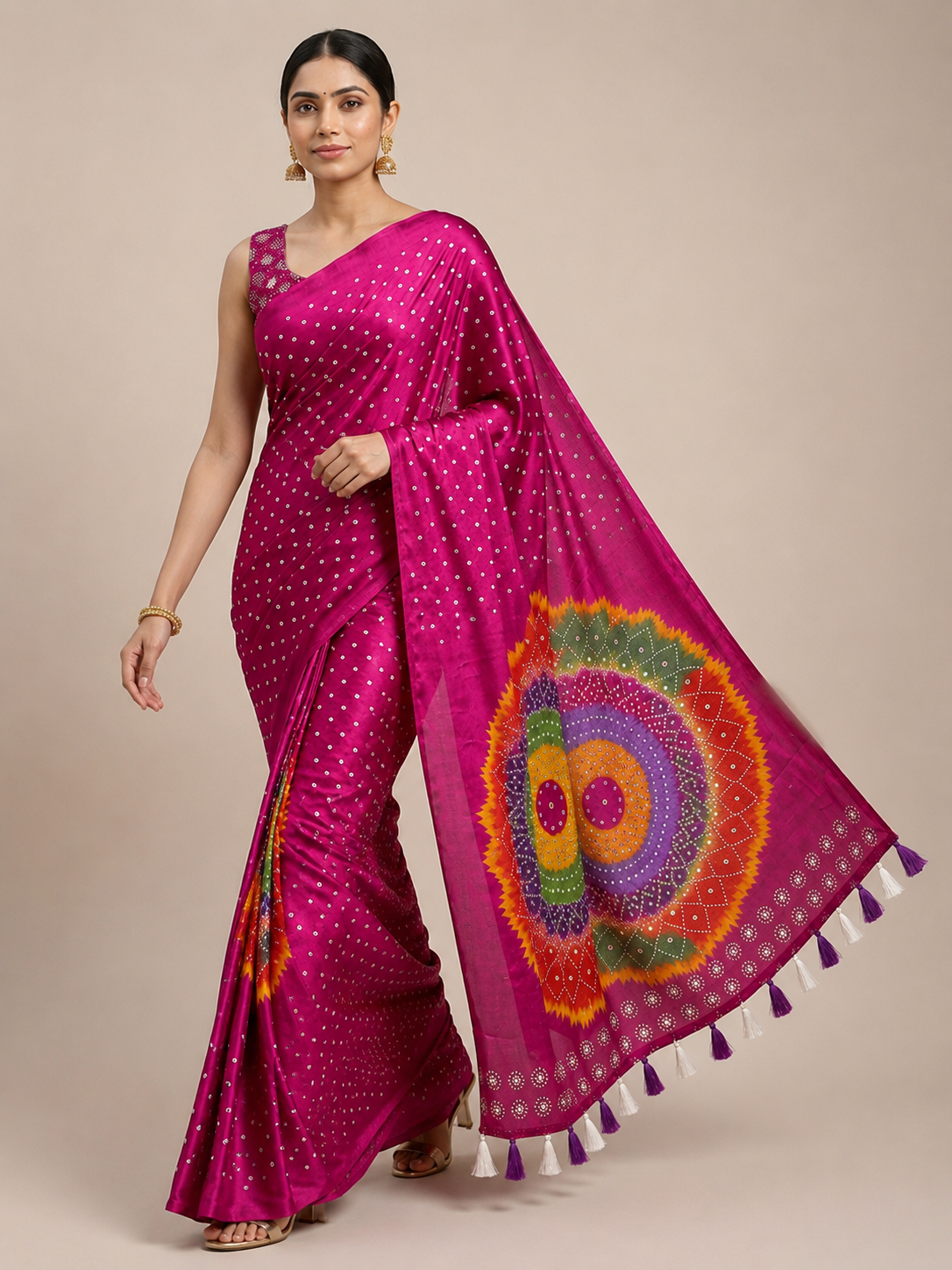 Premium Japan Satin Mirror Work Saree with Tassel Pallu