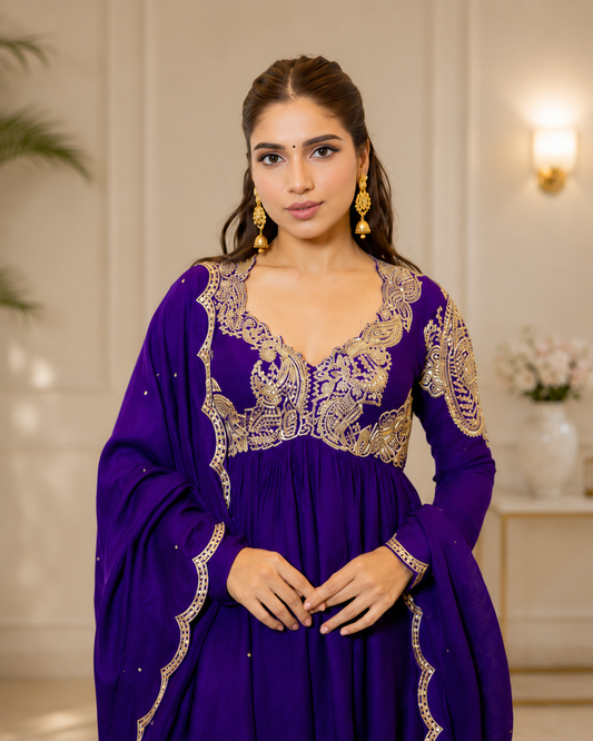 Designer Chinon Silk Anarkali Gown with Embroidered Dupatta – Festive Wear