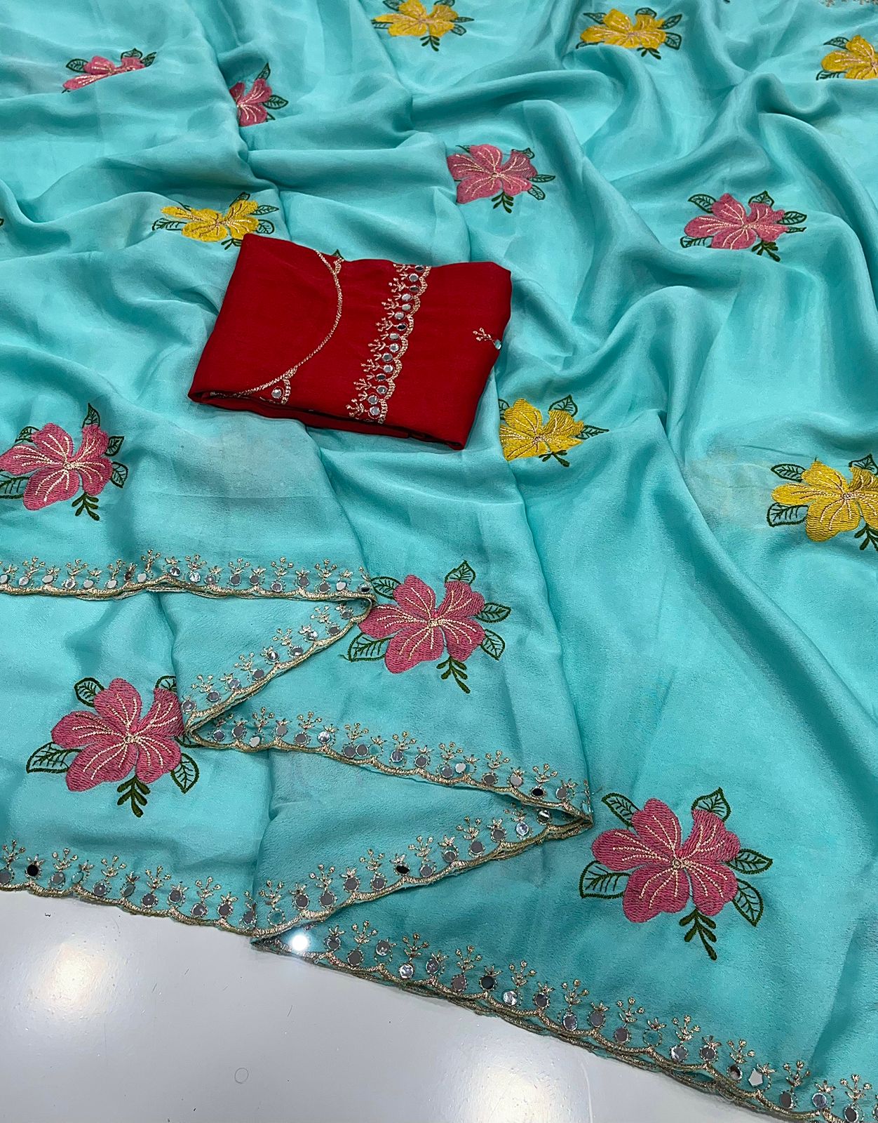 Chinon Silk Embroidery Saree
