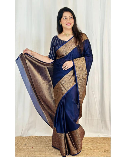 Navy Blue Silk Saree with Gold Border