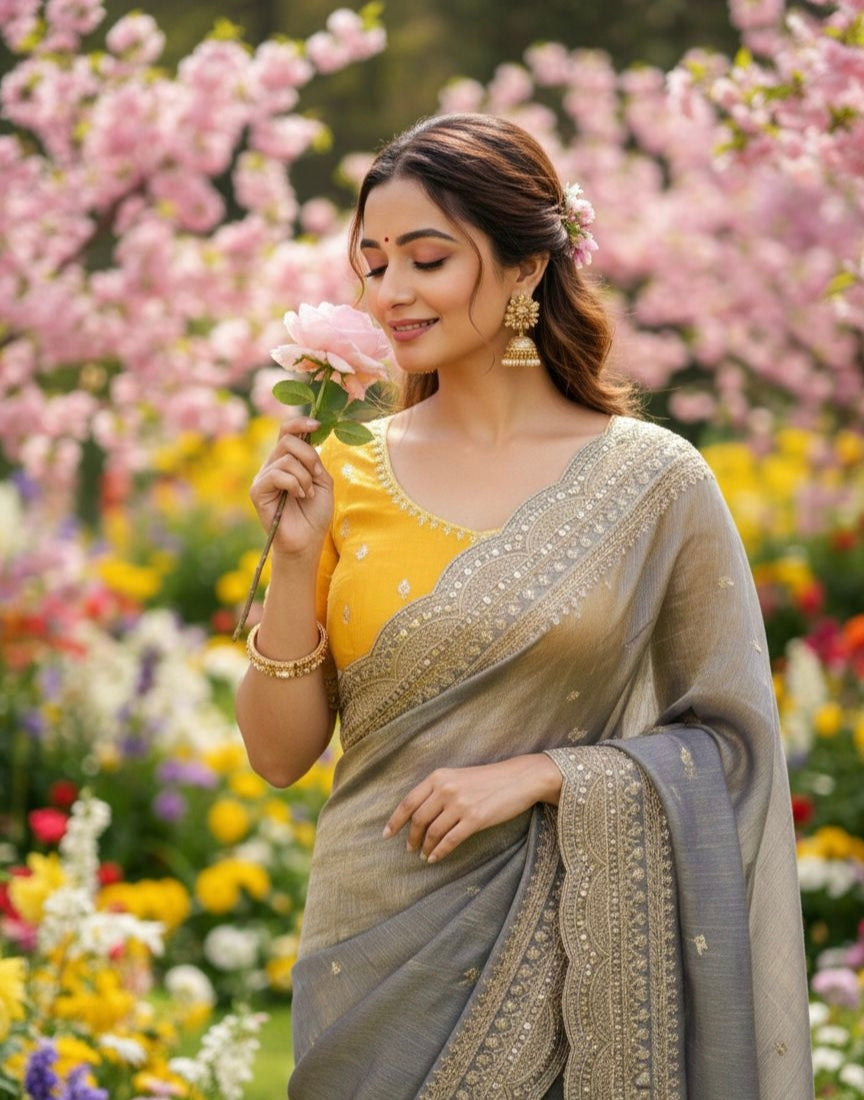 Elegant Space Chiffon Embroidery Saree with Scallop Border