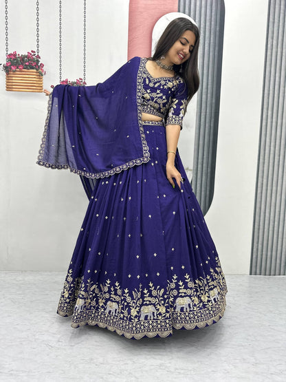 Festival Special Vichitra Silk Embroidered Lehenga Choli with Dupatta – Royal Blue & Rani Pink