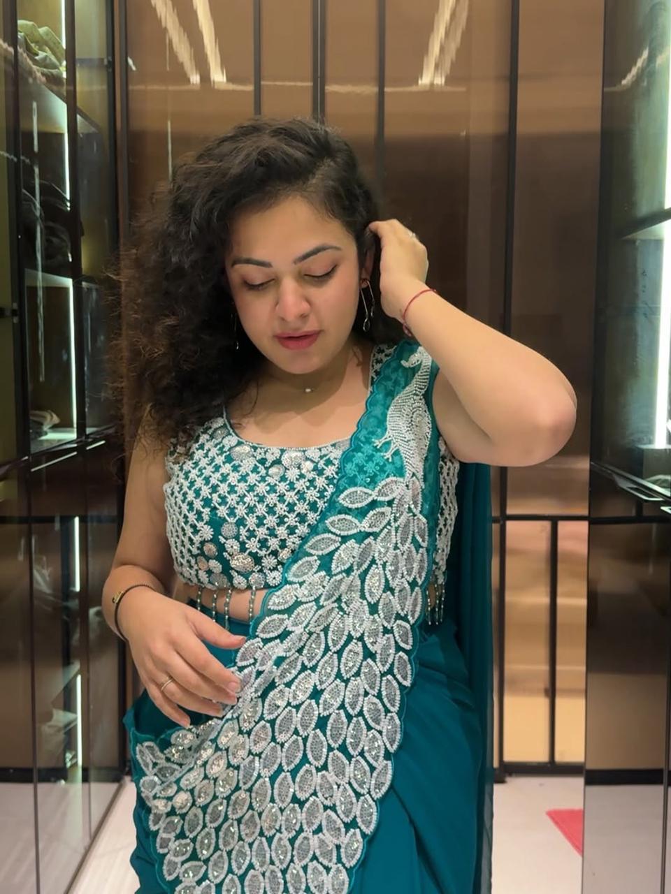 Ready to Wear Embroidered Georgette Saree with Designer Blouse – Teal Green, Mustard Yellow, Rani Pink