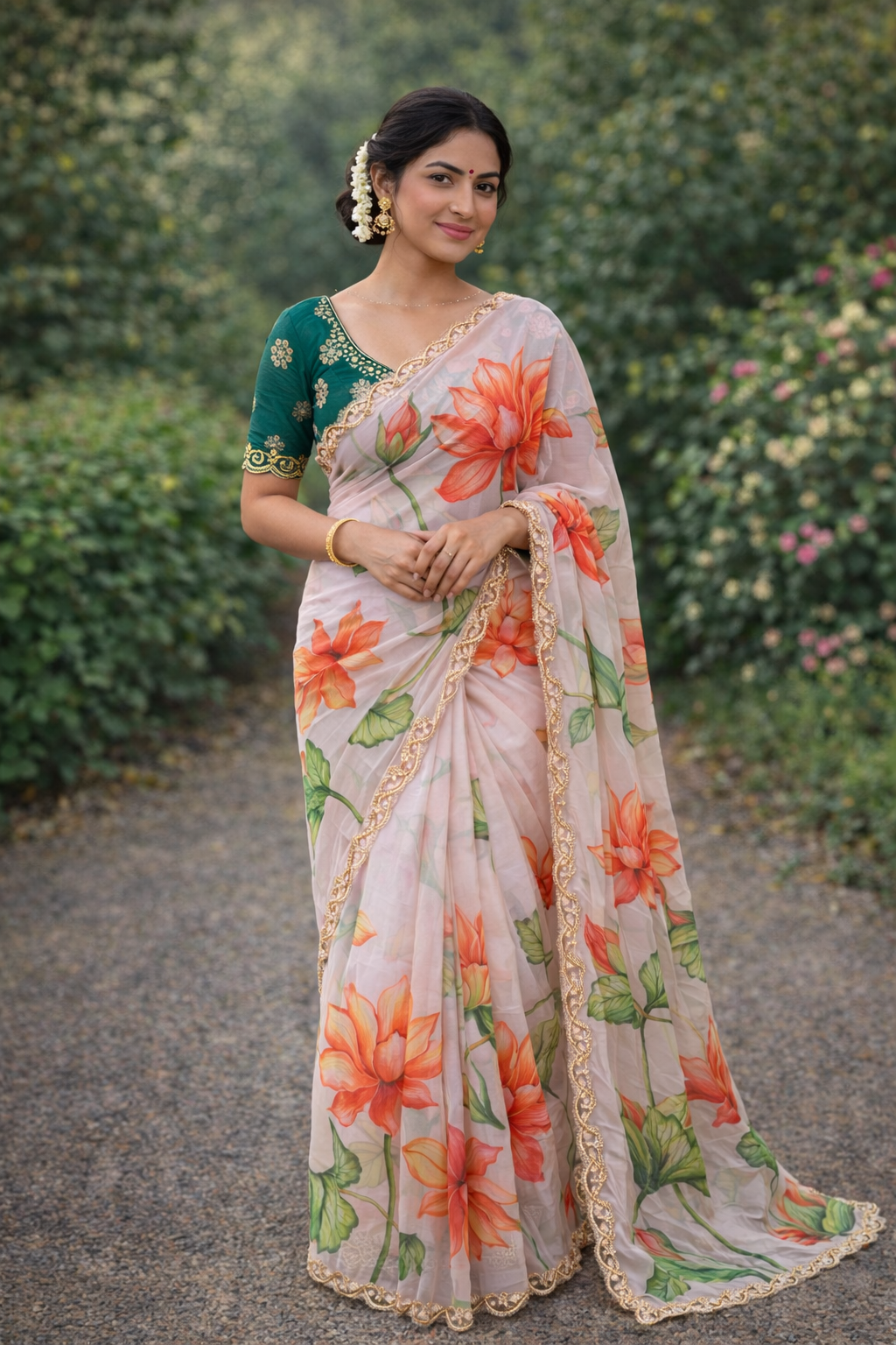 Pure Soft Teby Silk Floral Print Saree with Khatli Moti Border & Designer Blouse