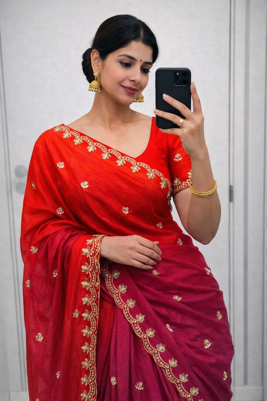 Double Shade Chinnon Saree with Embroidery & Moti Work Designer Border