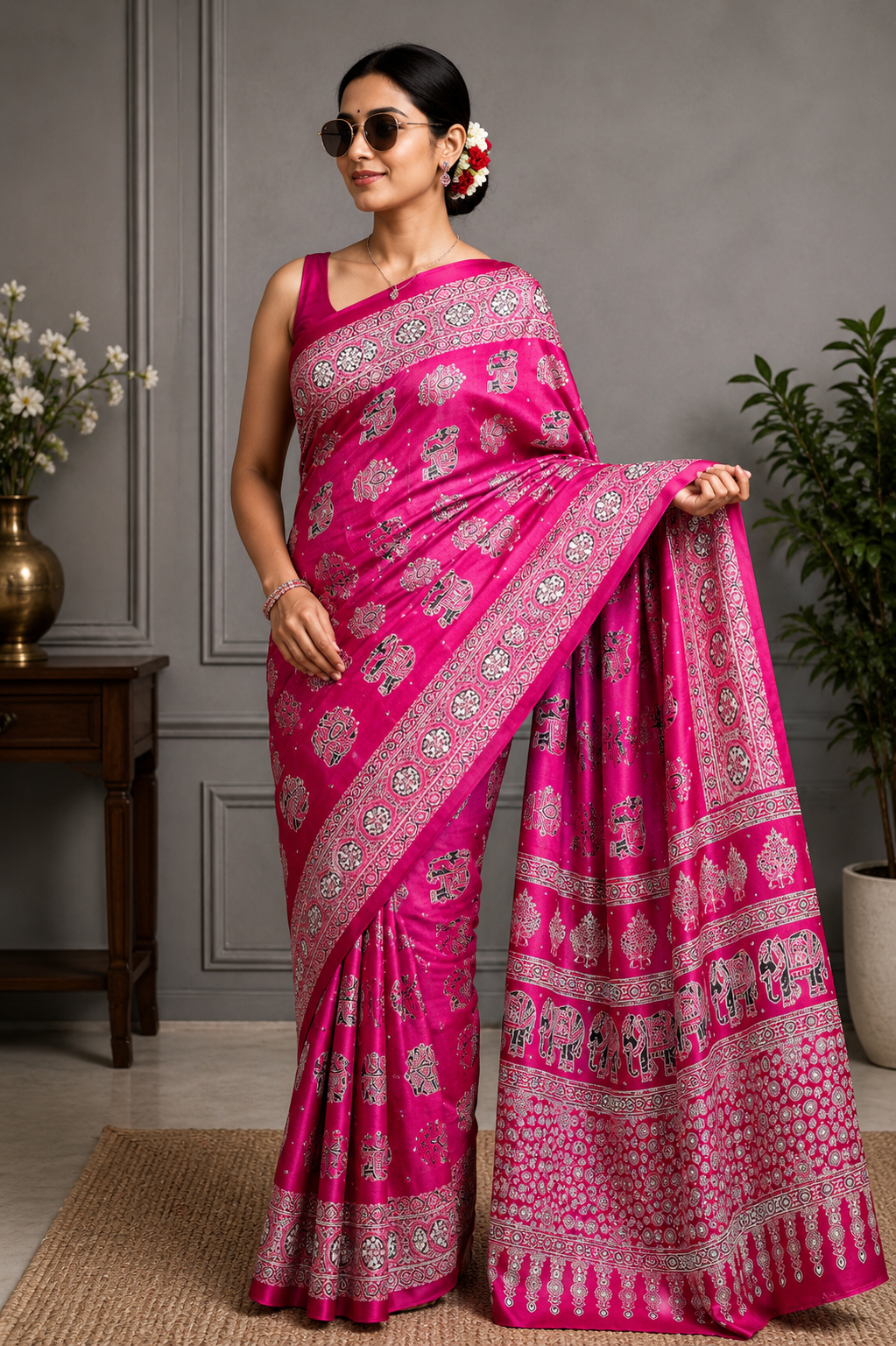 Elegant Ajrakh Pure Gajji Bandhej Soft Silk Saree With Mirror Work