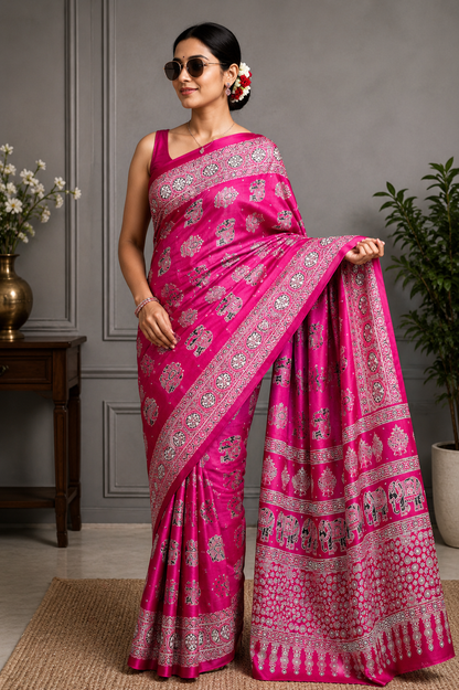 Elegant Ajrakh Pure Gajji Bandhej Soft Silk Saree With Mirror Work