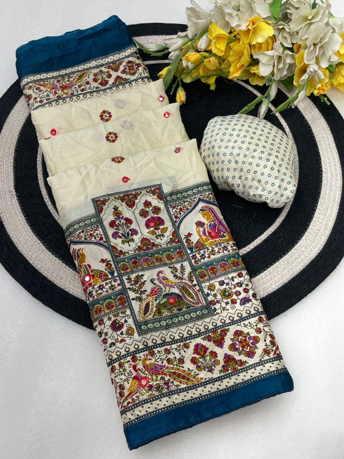 Premium Pure Moss Chiffon Saree with Peacock Floral Print & Mirror Work
