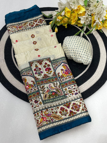 Premium Pure Moss Chiffon Saree with Peacock Floral Print & Mirror Work