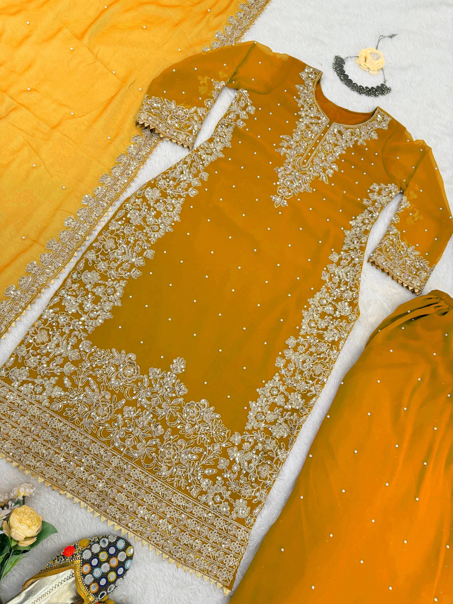 Premium Faux Georgette Embroidered Kurta Plazzo Set with Dupatta | Festive & Party Wear | 3 Colours