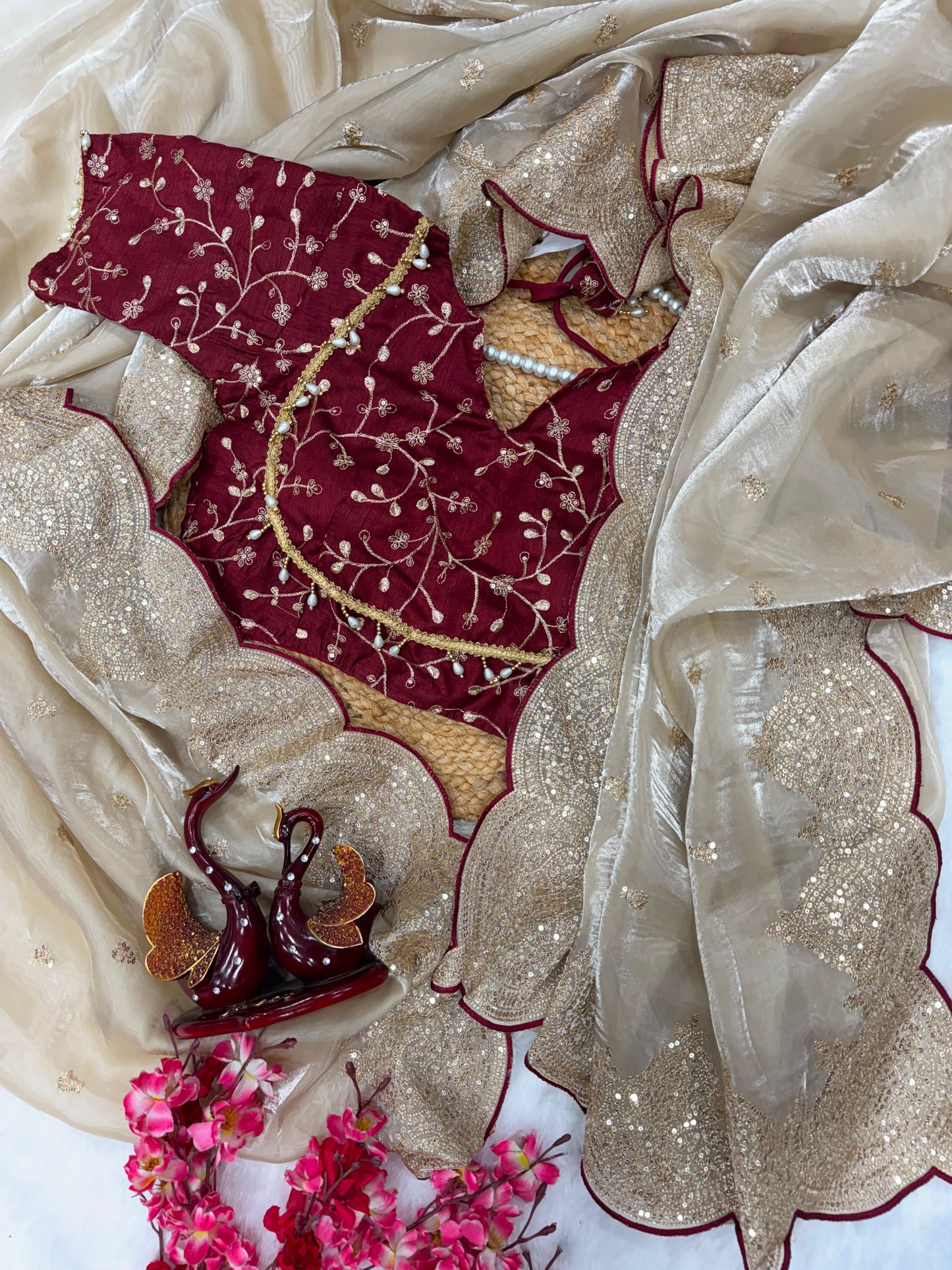 Cream Soft Jimmy Chuu Saree with Sequins & Zari Embroidery Work