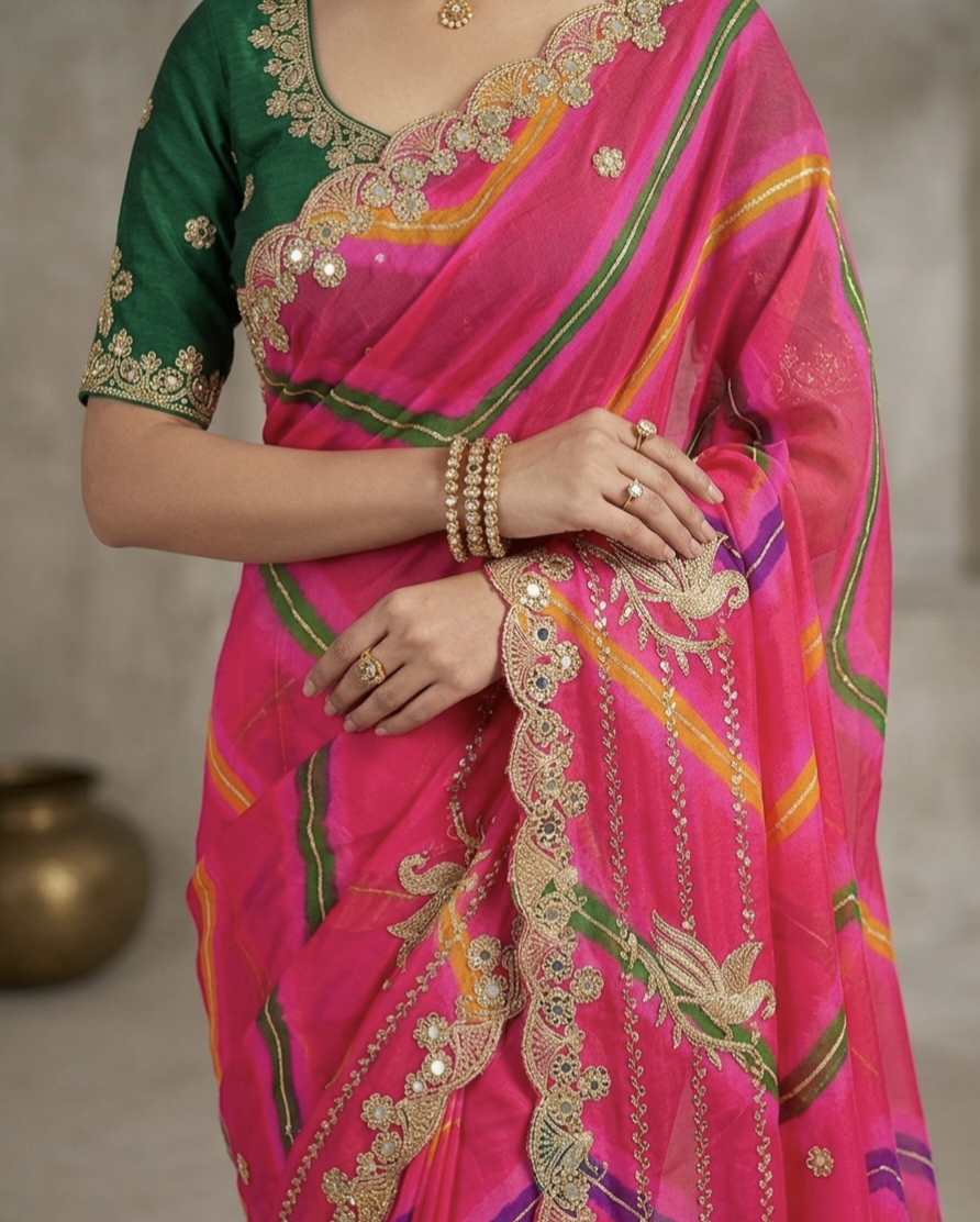Premium Pink Organza Silk Saree with Heavy Embroidery & Mirror Work | Designer Party Wear Saree