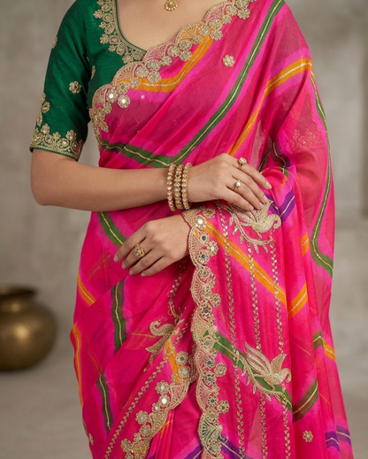 Premium Pink Organza Silk Saree with Heavy Embroidery & Mirror Work | Designer Party Wear Saree