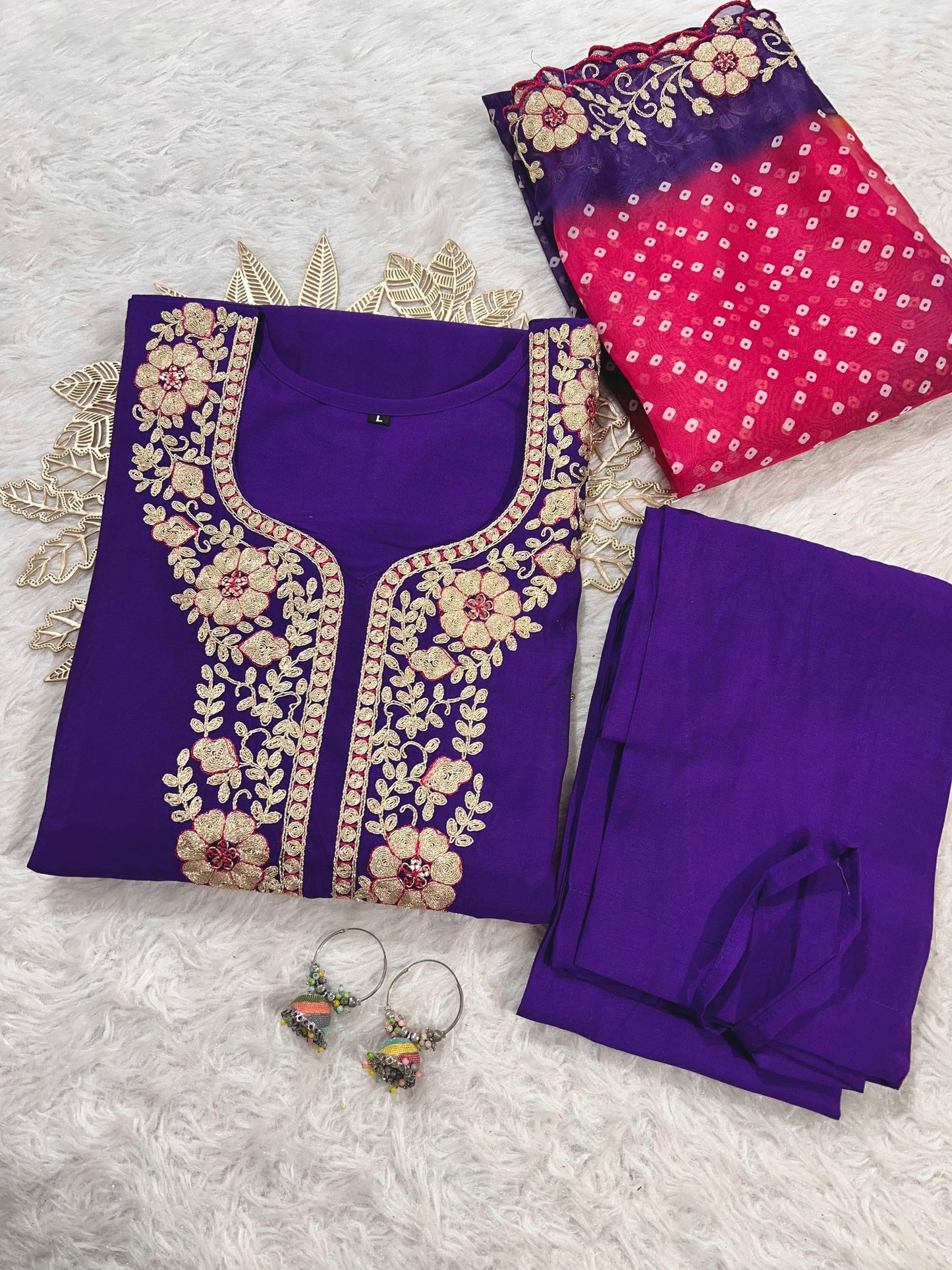 Designer Roman Silk Kurti Pant Set with Gota Patti Embroidery & Lehariya Dupatta