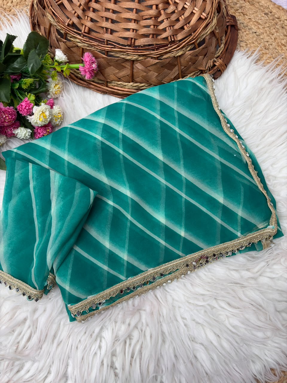 Georgette Leheriya Saree with Mirror Lace Border & Unstitched Blouse | Designer Party Wear Saree