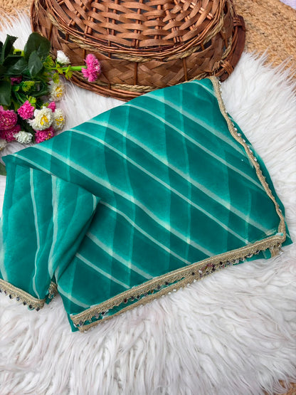 Georgette Leheriya Saree with Mirror Lace Border & Unstitched Blouse | Designer Party Wear Saree